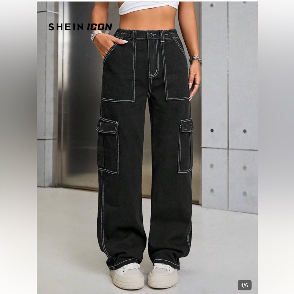 SHEIN Black Cargo Pants with Contrast Stitching